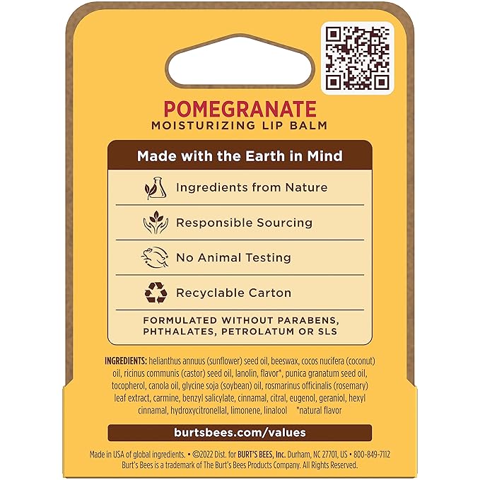 Burt's Bees Lip Balm, Pomegranate, Lip Moisturizer With Responsibly Sourced Beeswax, Tint-Free, Natural Conditioning Treatment, 1 Tube, 0.15 oz.
