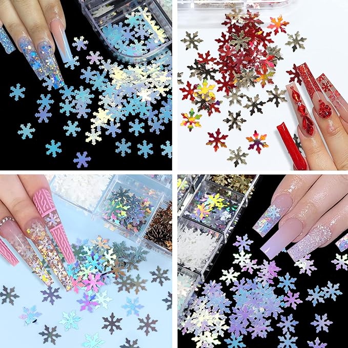 12 Grids 3D Snowflake Nail Glitter Sequins Snowflake Nail Art Stickers Decals Holographic Laser Christmas Nail Glitter Flakes Xmas Winter Snowflake Glitter for Nails Accessories Snow Nail Art Glitters