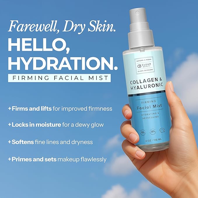 Hyaluronic Acid & Collagen Face Mist - Dermatologist Tested, Moisturizes & Tones Skin, Anti-Aging, Natural Ingredients, Cruelty-Free, 95% Natural - All Skin Types - 4 OZ