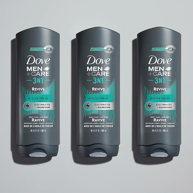 DOVE MEN + CARE Post-Workout Body Wash 3N1 Revive 4 Count For Men With Tea Tree Oil, 18 oz