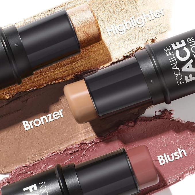 FOCALLURE 3PCS Cream Contour Stick - Highlighter Bronzer Blush Set for Face Sculpting, Non-Greasy Longwear Makeup, Easy to Blend with Natural Matte Finish,SET 5