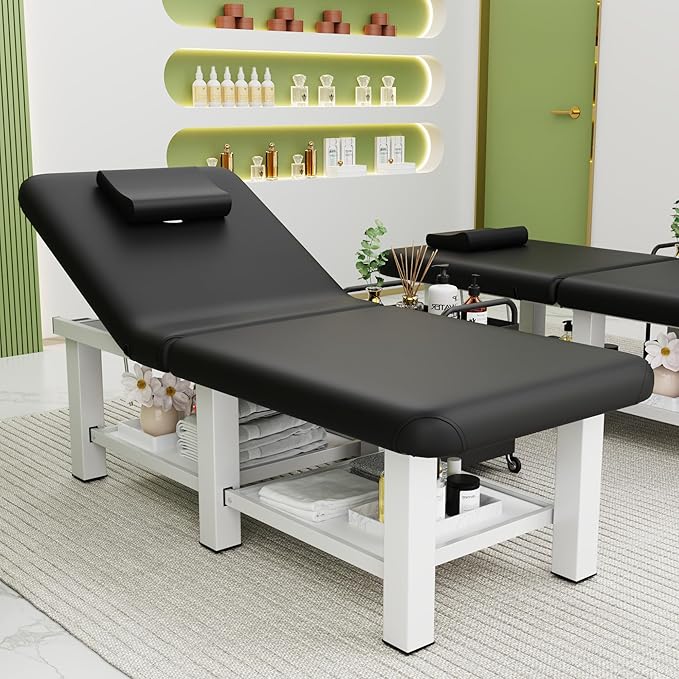 Folding Stationary Massage Table with Backrest and Storage Space, 6 Square Legs Metal Frame PU Leather, 30.5'' Wide × 75'' Long for Treatment Table Physical Therapy Table Spa Facial Bed, Black