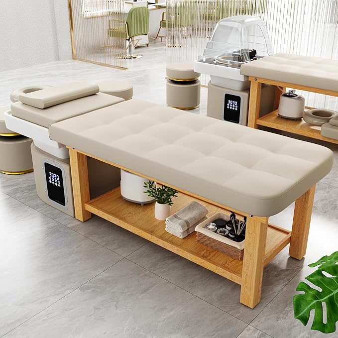 Olela Heavy Duty Head Spa Bed - Headspa Equipment with Water Cycle & Fumigation Salon Equipment, Stationary Massage Table with U Shaped Head Basin and Wood Frame for Beauty Salon