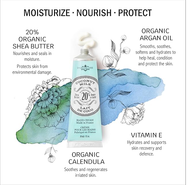 La Chatelaine 20% Shea Butter Hand Cream Travel Size, Organic Argan Oil, Moisturizing, Nourishing, Repairing, Extra-Rich Hand Lotion, Made in France, Paraben Free, 1 oz / 30ml (Coconut Milk)