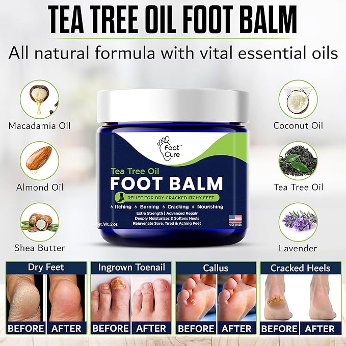 FOOT CURE Tea Tree Oil Balm – Moisturizer for Dry Cracked Feet – Instantly Hydrates & Soothes Irritated Skin & Athlete's Foot – Best Care for Women and Men (Pack of 1)