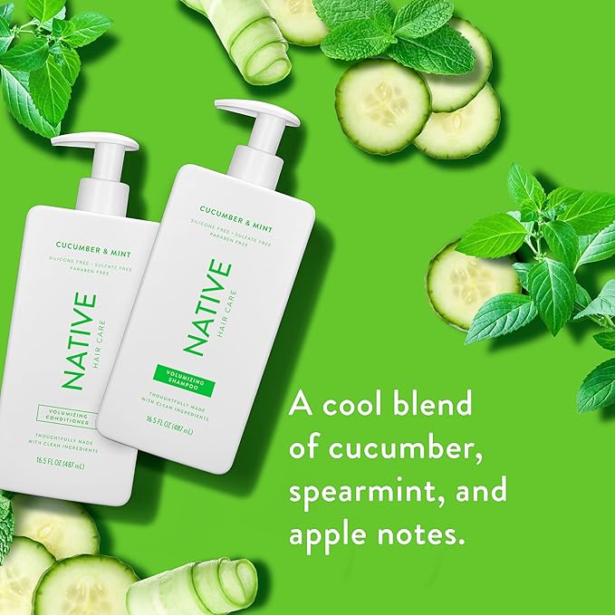 Native Shampoo and Conditioner Contain Naturally Derived Ingredients | All Hair Type Color & Treated From Fine to Dry Damaged, Sulfate & Dye Free - Cucumber & Mint, 16.5 fl oz each (2 pack)