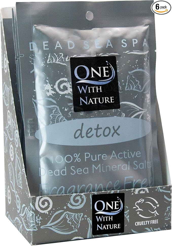 One With Nature 100% Pure Dead Sea Salt for Bath Fragrance Free, 2.5oz 6Pack. High in 21 Essential Minerals, Such as Magnesium, Sulfur, Zinc, Potassium. Skin Nourishing and Therapeutic.