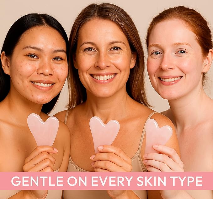 Rose Quartz Gua Sha Facial Tool - Heart-Shaped Crystal for Puffiness, Lymphatic Drainage, Facial Sculpting & Relaxation - Hand-Carved Stone from Brazil, Used in Traditional Beauty Rituals