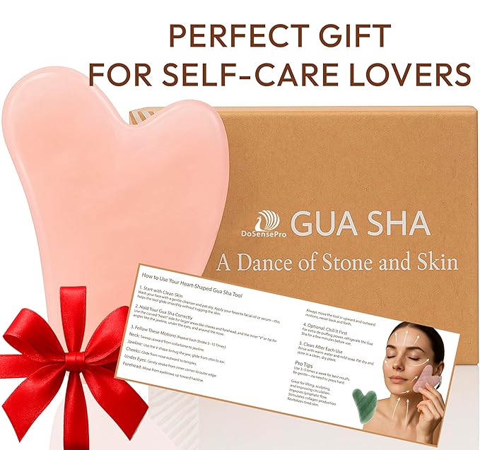 Rose Quartz Gua Sha Facial Tool - Heart-Shaped Crystal for Puffiness, Lymphatic Drainage, Facial Sculpting & Relaxation - Hand-Carved Stone from Brazil, Used in Traditional Beauty Rituals