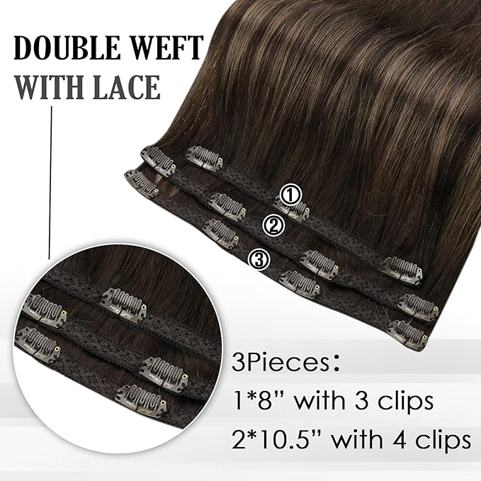 Full Shine Clip in Hair Extensions 3 Pcs 60 G Balayage Dark Brown Ombre Ash Brown Human Hair Extensions Clip ins 14 Inch
