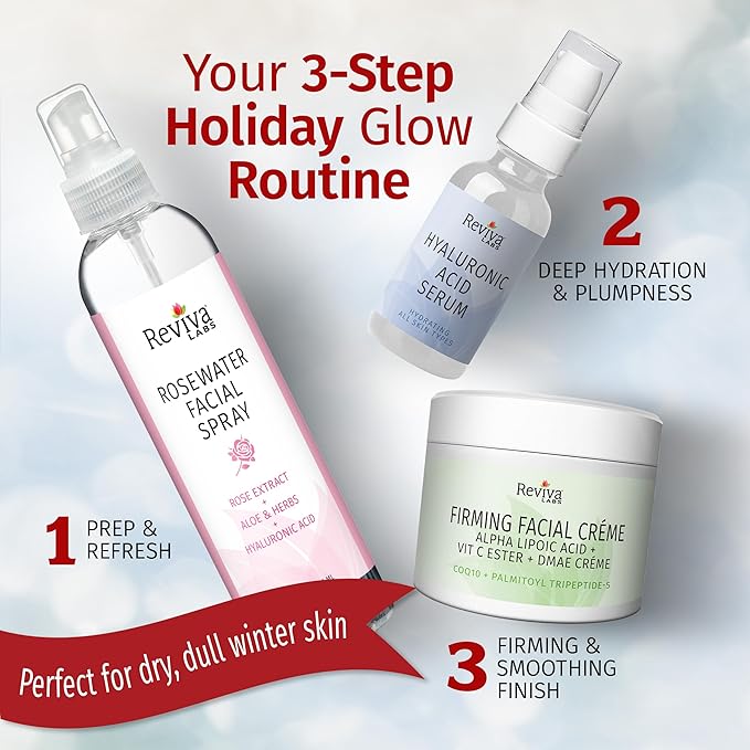 Reviva Labs Holiday Glow Skincare Gift Set – 3-Pc Face Care Kit with Hyaluronic Acid Serum, DMAE Lift & Firm Cream, and Rosewater Face Mist – Hydrating, Moisturizing & Firming Skincare Set for Women