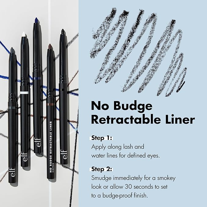 e.l.f. No Budge Retractable Eyeliner, Creamy, Ultra-Pigmented & Waterproof, Creates Bold & Defined Lines, Vegan & Cruelty-Free, Black