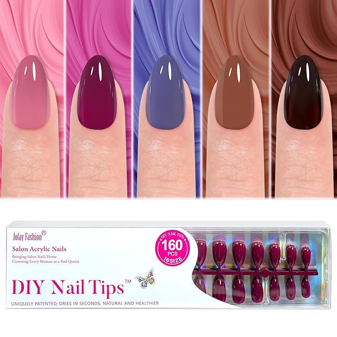 Jofay Fashion Almond Square Fake Nails: Winter Acrylic Press Ons, 16 Sizes, Full Cover Stick On, Reusable Glue On False Nails