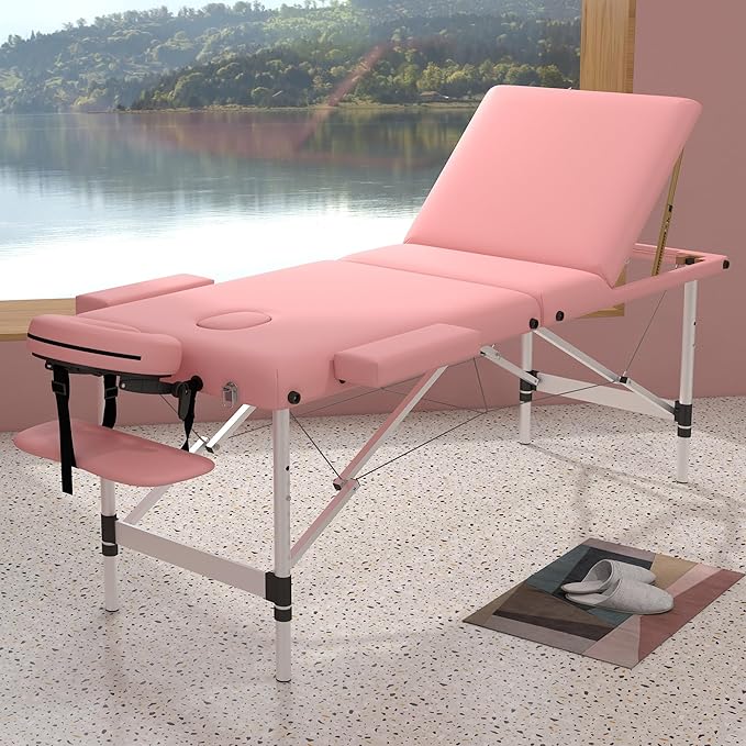 Massage Table Massage Bed, Portable 3 Section Foldable Tattoo Bed, Height Adjustable Lash Spa Bed with Face Cradle, Home Light Weight Facial Salon Bed with Aluminum Frame, Light Pink