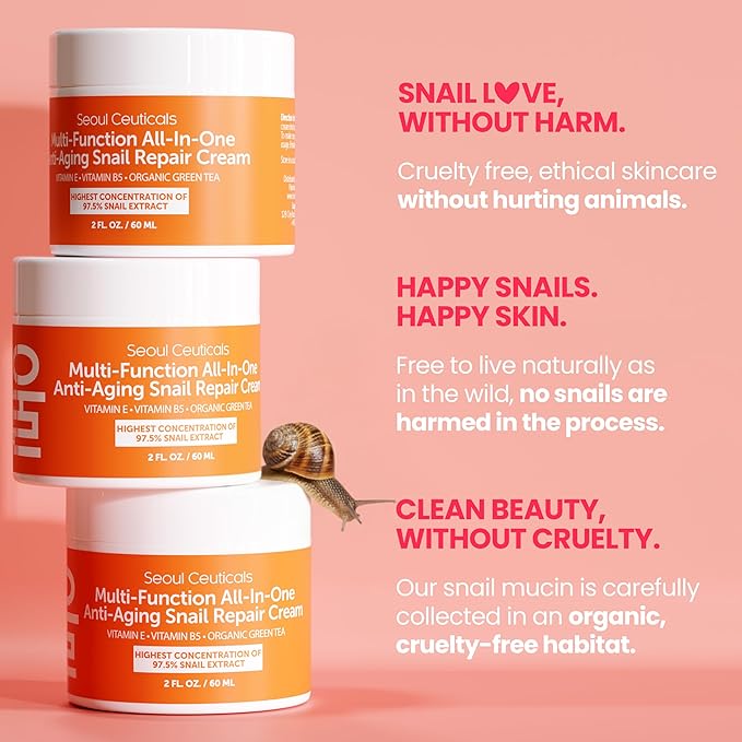 SeoulCeuticals Snail Mucin Moisturizer 97.5% - Korean Skin Care Snail Repair Cream - Day & Night Anti Aging K Beauty Skincare Cruelty Free 2oz