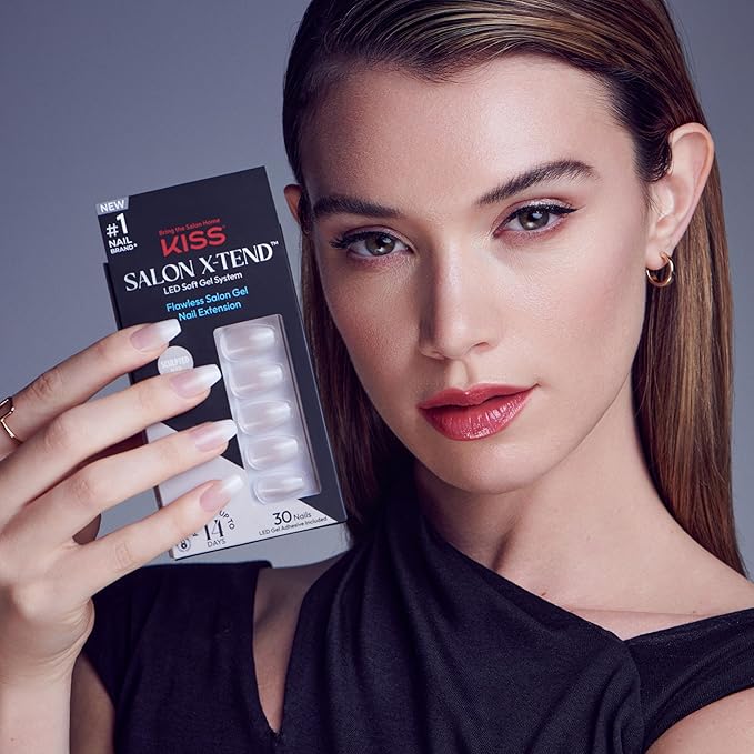 KISS Salon X-tend, Press-On Nails, Nail glue included, 'Words', Light White, Medium Size, Coffin Shape, Includes 30 Nails, 5Ml Led Soft Gel Adhesive, 1 Manicure Stick, 1 New Mini File, New Prep Pad