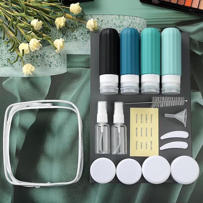 16 Pack Travel Bottles for Toiletries, Leakproof Travel Containers for Toiletries, TSA Approved Silicone Travel Accessories Squeezable Refillable 3oz for Shampoo Conditioner Lotion