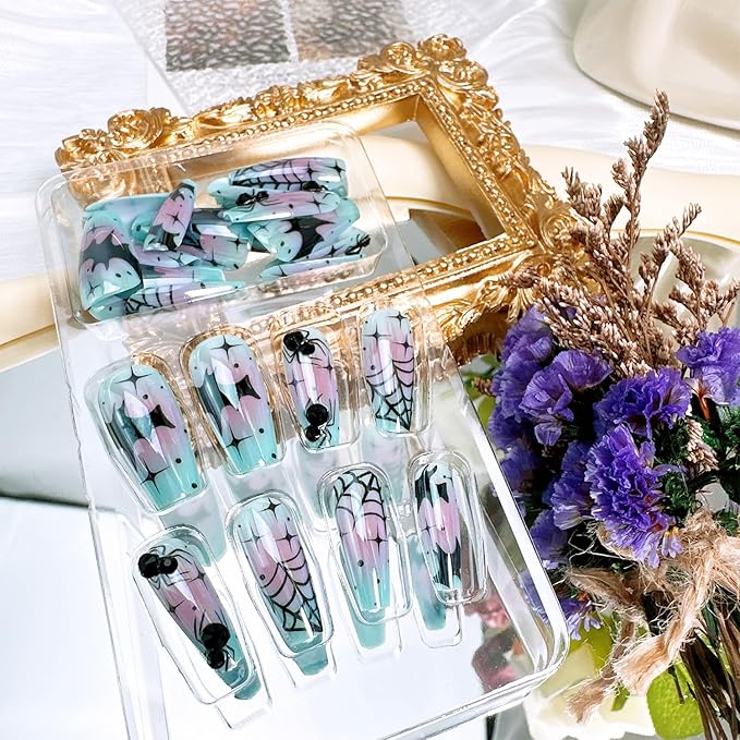 30pcs Halloween Press on Nails Medium Square Spider Web Fake Nails with Black Spider Bat Designs Blue False Nails Halloween Acrylic Nails Kit Full Cover Stick on Nail Tips for Women Nail Decoration