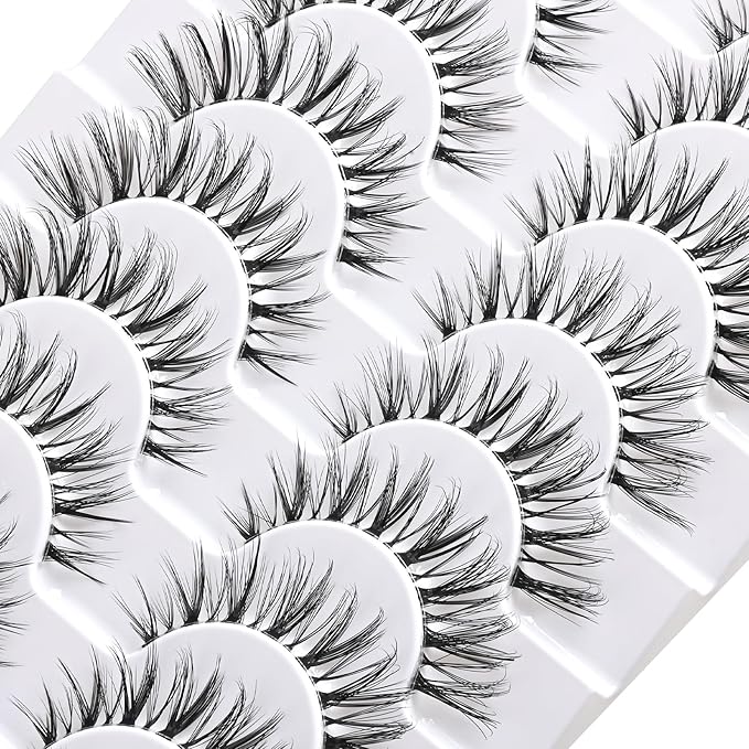 FARRED Cat Eye Lashes Natural False Eyelashes Wispy Mink Eye Lash Fluffy Wispies Eyelash Natural Look 10 Pairs Clear Band Fake Lashes Pack Volume Lash Strips Pestañas (Z10|8-14MM)