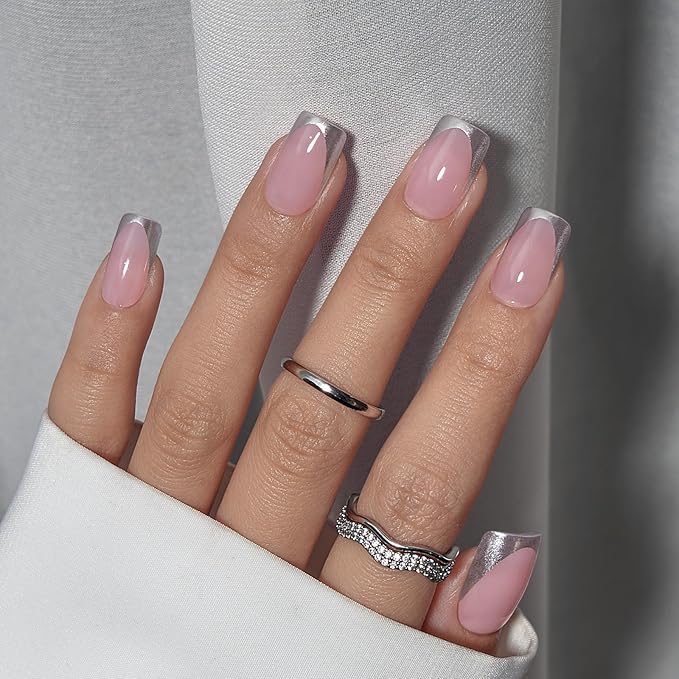 BTArtbox Press on Nails Short - French Tip Press On Nails Square, Silver Glue On Nails, Long Lasting & Natural Stick On Nails in 16 Sizes - 30 Fake Nails Kit, Rock Star