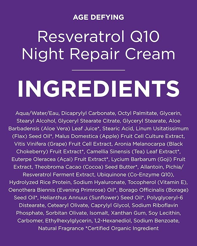 Andalou Naturals Age Defying Resveratrol Q10 Night Repair Cream - Anti-Wrinkle Moisturizer to Hydrate & Smooth - CoQ10 & Resveratrol for Dry Skin - 1.7 oz