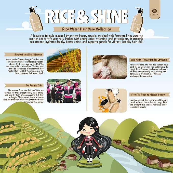 Luseta Rice Water Shampoo Strengthening & Nourishing Revitalizes Shine for All Hair Types Hydrating & Frizz Control for Women and Men 33.8oz