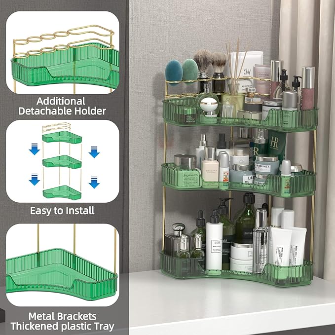 3 Tier Corner Bathroom Organizer Countertop, Vanity Makeup Organizer with Brush Holder, Space-Saving Skincare Storage Corner Shelf for Bathroom, Dressing Table, Kitchen