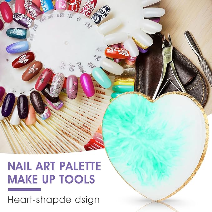 Sibba Resin Nail Art Palette Nail Mixing Palette Polish Color Mixing Plate Golden Edge Nail Holder Display Board Heart Shape Cosmetic Mixing Tools (Green)