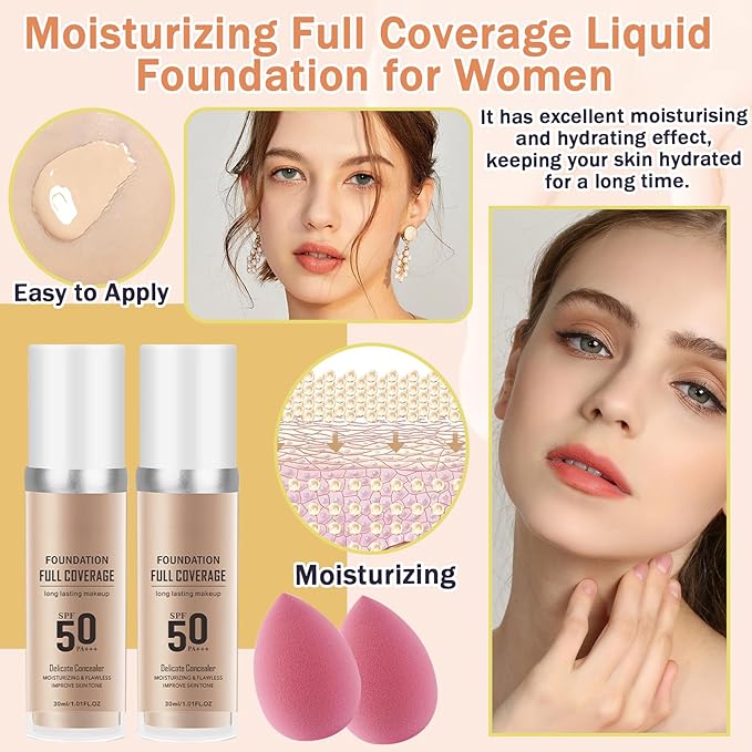 2PCS Natural Color Foundation Makeup Set with 2 Makeup Sponges,Moisturizing Full Coverage Liquid Foundation for Women,Non-greasy Long Lasting Flawless Concealer Cream Makeup Foundation Set