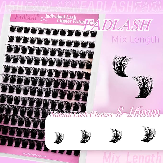FADLASH Lash Clusters Natural Eyelash Clusters 8-16mm DIY D Curl Cluster Eyelash Extensions with Soft Thin Band Reusable Individual Lashes for Self Use (W33, 10-16mm)