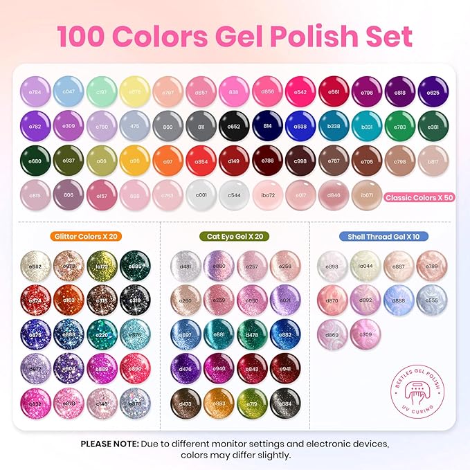 Beetles 100 Colors Gel Nail Polish Set, 119 PCS Nail Polish Kit All Season Cat Eye Pink Blue Jelly Glitter Pearl Gel Polish & 5Pcs Base Top Coat Soak off UV Manicure Nail Art Home Gifts for Women