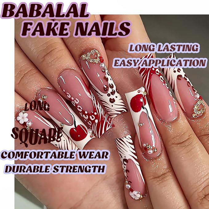 BABALAL Acrylic Press on Nails - Long Square Fake Nails, Red White French Tip Glue on, Cheetah Print with Gold Heart Charm Y2k False Nails Art 24Pcs DIY Squoval Manicure Stick on Nails Supplies