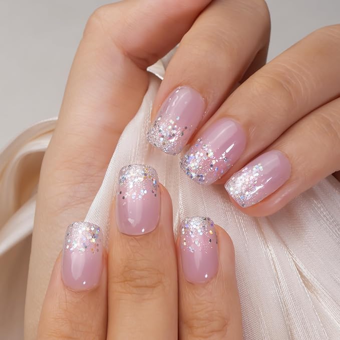 Curvlife Soft Gel Press on Nails, Short Square Shining French Nail Tips, 30pcs Full Cover Design Reusable Fake Nails Kit with Glue and Adhesive Tabs