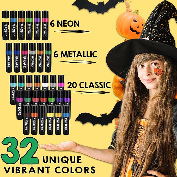 Jim&Gloria Face Paint Kit Bulk 32 Professional Face Painting Kit for Kids Party, Metallic, Neon, Classic Facepaint Crayons, Washable Body Paint Adults, Halloween Makeup, Boys Girls Gifts Crafts Toys