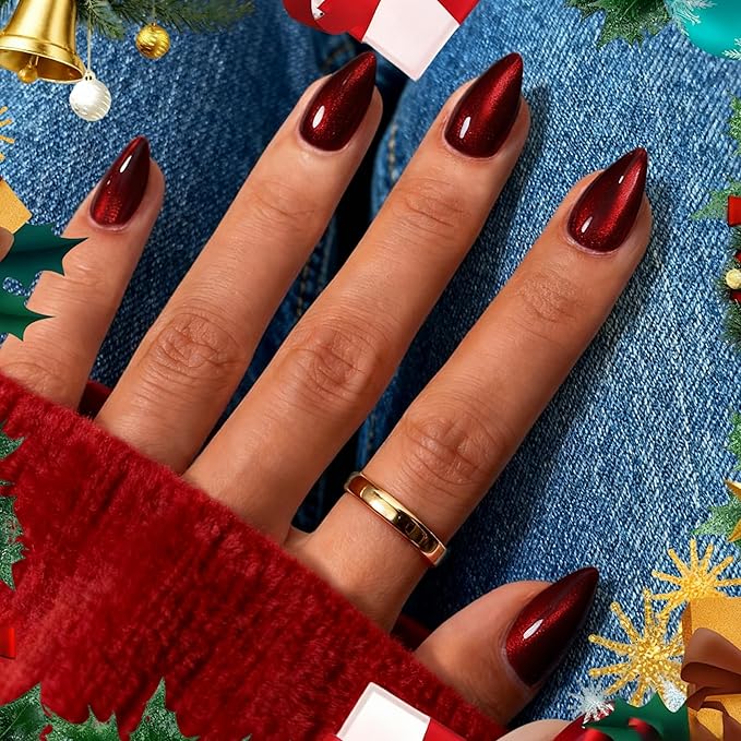 KQueenest Cat Eye Press On Nails Short Almond, Christmas Press On Nails with Glue, Sparkle Dark Red Black Fake Nails Stiletto, Soft Gel Glue On Nails for Woman, Long-Lasting Glitter Effect, 30 Pcs
