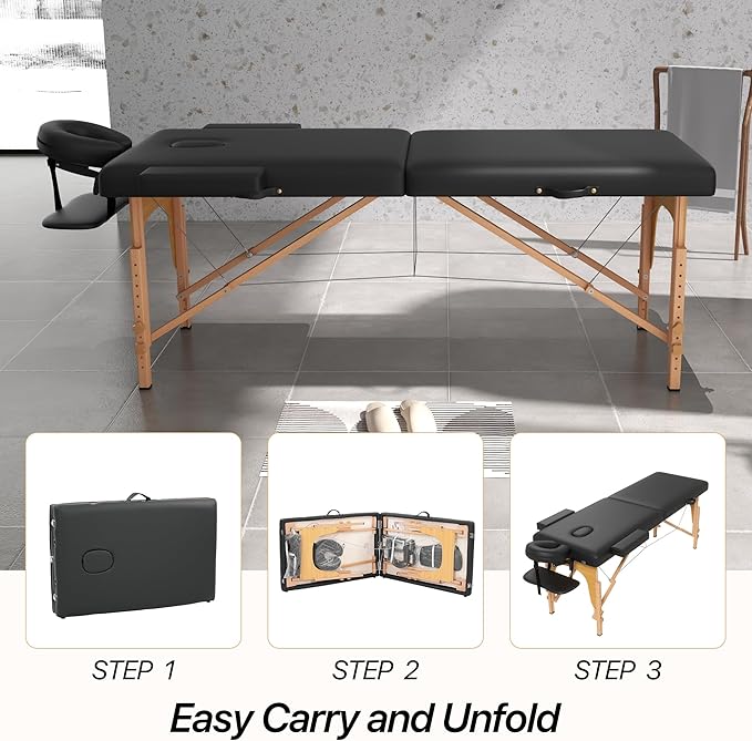 Massage Table, Portable 2 Section Foldable Tattoo Bed, Height Adjustable Lash Spa Bed with Face Cradle, Home Light Weight Facial Salon Bed with Wood Frame, Black