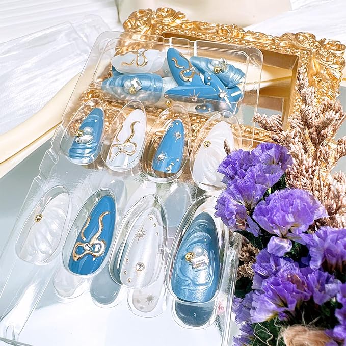 30pcs Blue Press on Nails Medium Almond Fake Nails with 3D Bow Gold Beads Rhinestones Designs Star False Nails Handmade Acrylic Full Cover Glue on Nails for Women Nail Decoration