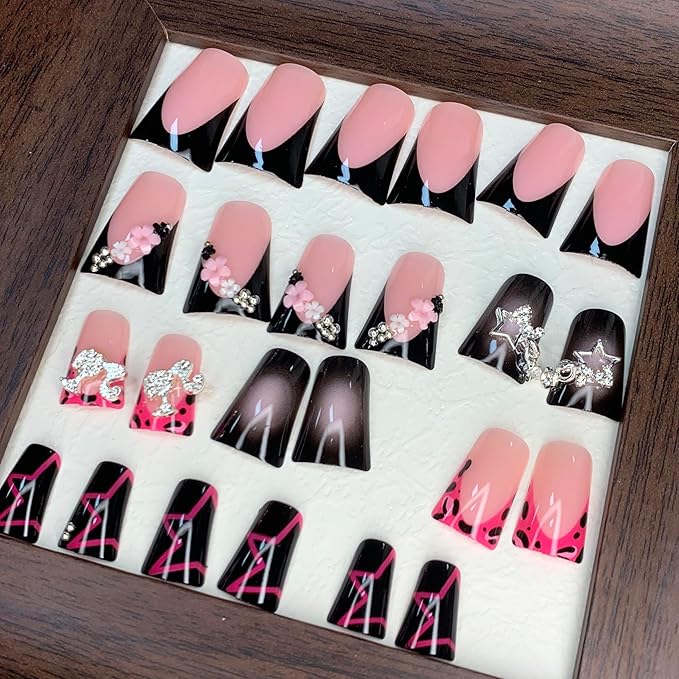 BABALAL Duck Nails Press on Short Fake Nails Black Pink Glue on Star Charm Y2k Stick on Acrylic 24Pcs Duck Bill Gothic Manicure Reusable Artificial Full Cover False Nail