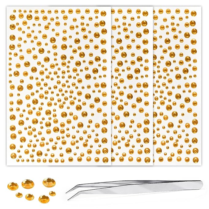 975Pcs Face Gems Hair Gems, Self-Adhesive Face Jewels Eye Jewels Rhinestones 3/4/5/6 mm DIY Face Gems Stick on, Hair Body Rhinestones Gems Crystals Pearls for Face Makeup, Crafts (gem_Yellow)