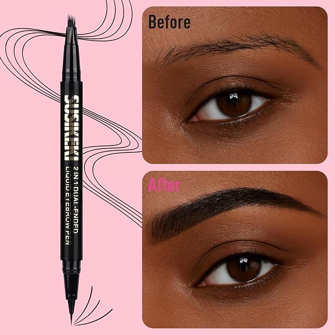 Dual Ended Microblading Eyebrow Pen - 2 in 1 Liquid Eyebrow Pencil with Brow-Fection Angled Brush & Precise Detail Brush-Tip, Shapes & Fills HairLike Looking Brows, Lasts All-Day, Soft Black