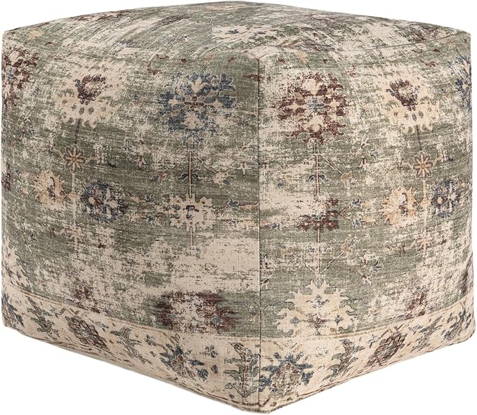 LR Home Grace Vintage Floral Sage Green Square Indoor Medium Pouf Ottoman | Power-Loomed Polyester Pouf Footrest for Bedroom & Living Room Decor | 18 x 18 x 18 Stuffed Ottoman for Seating