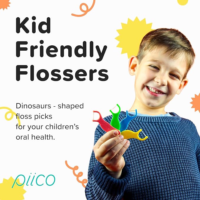 Piico Unflavored Kids Floss - No Fluoride Dual Line Dental Floss Picks - Fun Oral Care in Colorful Floss Sticks Design - Kids Flossers Prevent Tooth Decay & Gum Disease - 240 Count Dino & Travel Case