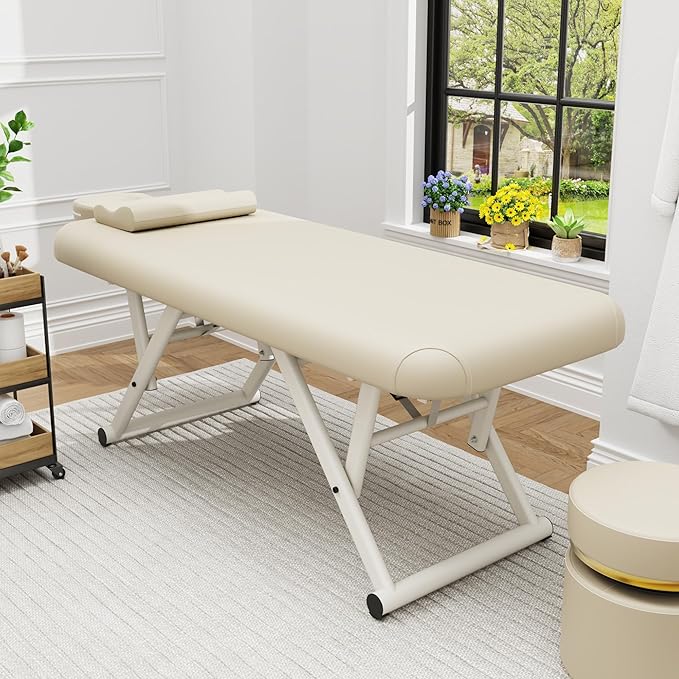 pouseayar Adjustable Massage Table with Face Pillow & Headrest, Sturdy and Solid, Silent and Easy to Adjust for Treatment Table Physical Therapy Table Spa Facial Bed - Fixed Backrest, Beige Gray