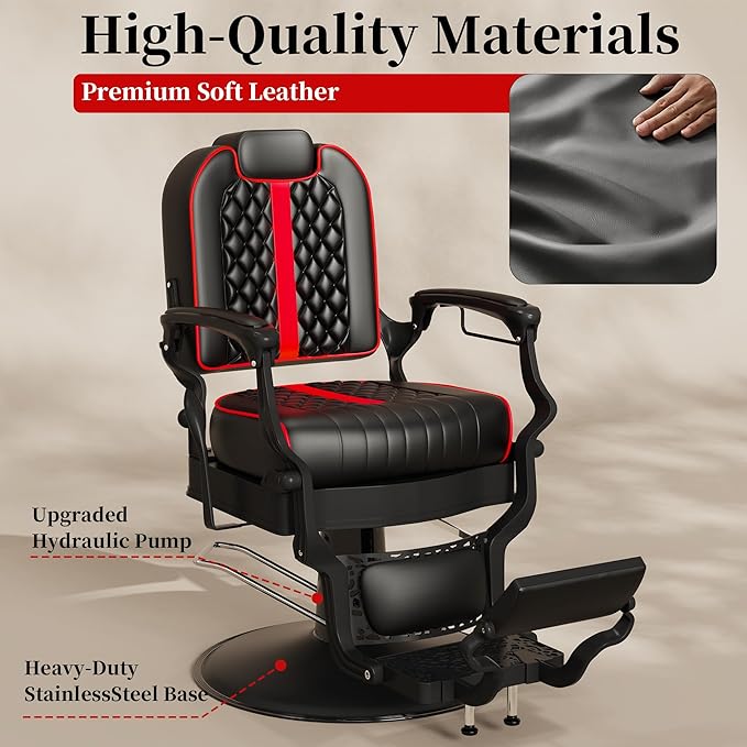 Baasha Professional Reclining Barber Chair with Adjustable Headrest, Hydraulic Heavy-Duty Base, Soft Upholstery & Thick Cushion, Tattoo & Hair Salon Chair, 550 lbs Capacity