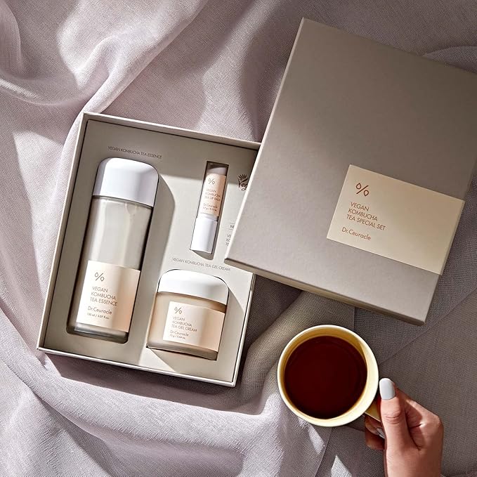 Dr.Ceuracle Vegan Kombucha Tea Special Set - Korean Skincare Set, Hydrating and Nourishing Gift Set included Essence, Gel Cream, Lip Balm