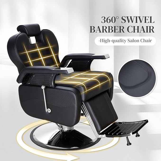 FHFO Barber Chairs for Barbershop, Heavy Duty Hydraulic Barber Chair 360° Swivel Reclining, Adjustable PU Leather Beauty Salon Chair for Barbershop Spa Black/Silver