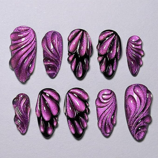 24Pcs Purple Press on Nails Medium Almond Fake Nails with 3D Butterfly Water Drops Design Glitter Full Cover Glossy Acrylic Nails False Nails Sweet Cool Black Purple Glue on Nails for Women