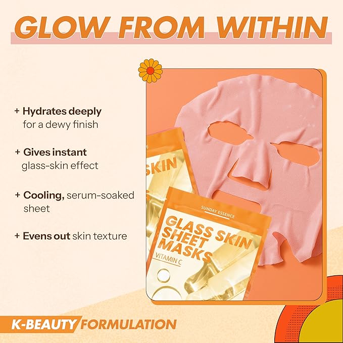 Vitamin C Face Mask – Dermatologist Tested, Anti-Aging, Korean Skin Care, Evens Tone Hydrates Revitalizes – Clean Beauty Vegan Sheet Mask for Dull Sensitive Skin – 5 Sheets