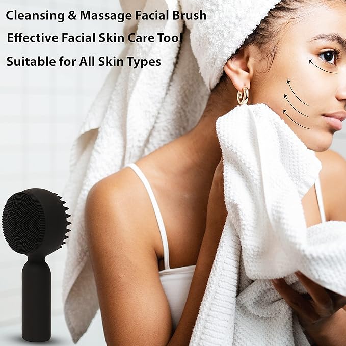 Silicone Facial Cleansing Brush 2 in 1 Silicone Facial Scrubber Manual Exfoliating Facial Brush Face Cleanser Face Exfoliator Ultrafine Bristles for Sensitive Skin Easy to Clean Lather Well (Black)