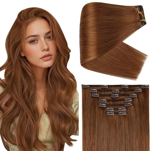 Full Shine Ginger Clip in Hair Extensions 20 Inch Ginger Human Hair Extensions Clip ins for Festivals for Volume for Highlights 150 G 7 Pcs